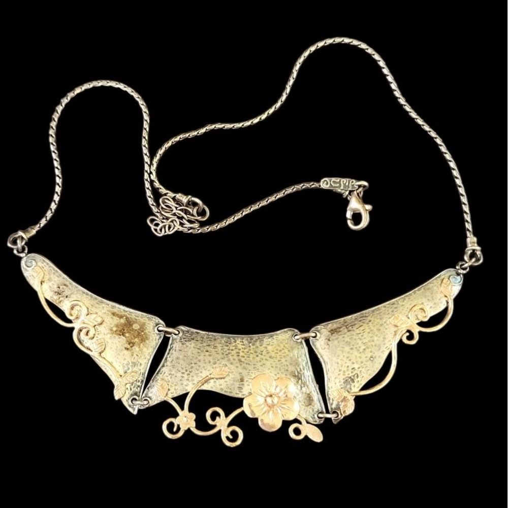Israel Didae Hammered Two Tone Sterling Silver Flowers Scroll 3 Panel Necklace